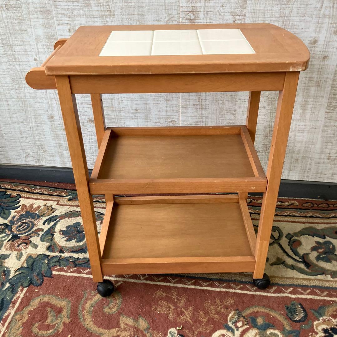 昭和レトロ タイル張り 木製キッチンワゴン キャスター付き キッチンカート