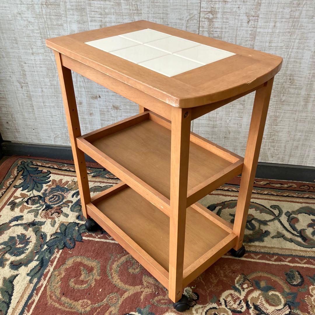 昭和レトロ タイル張り 木製キッチンワゴン キャスター付き キッチンカート