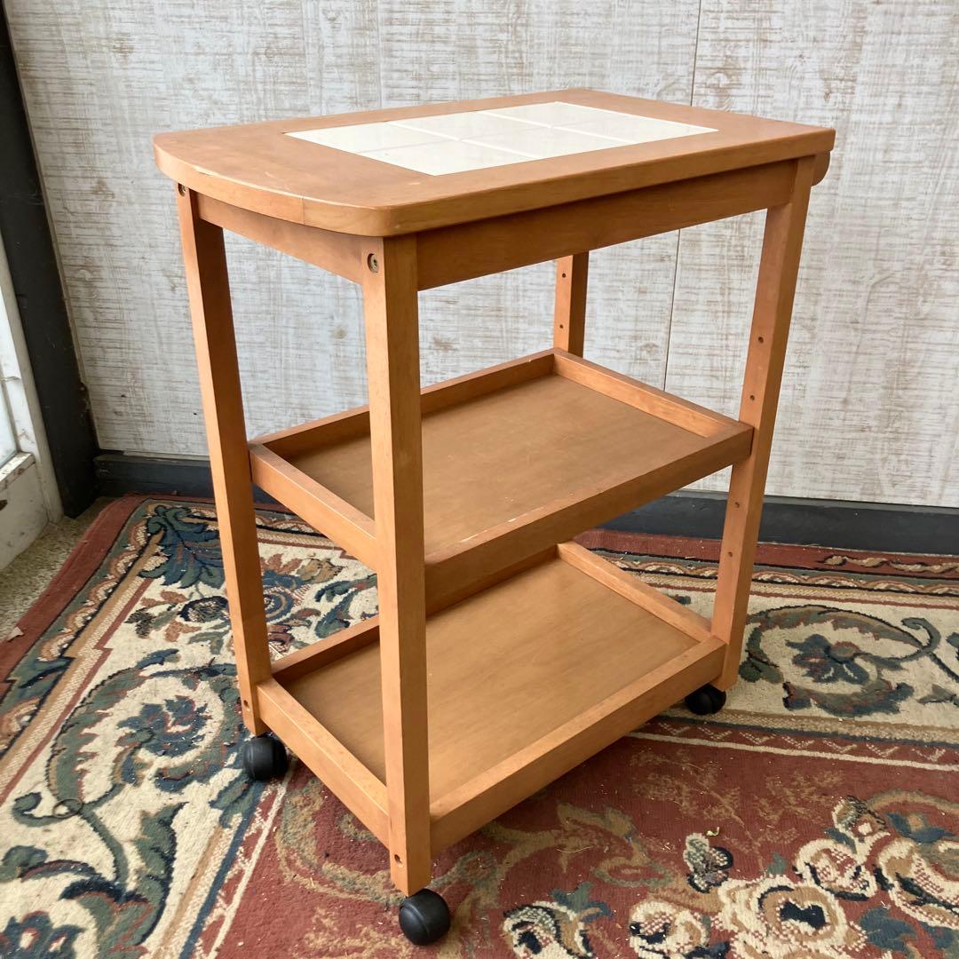 昭和レトロ タイル張り 木製キッチンワゴン キャスター付き キッチンカート