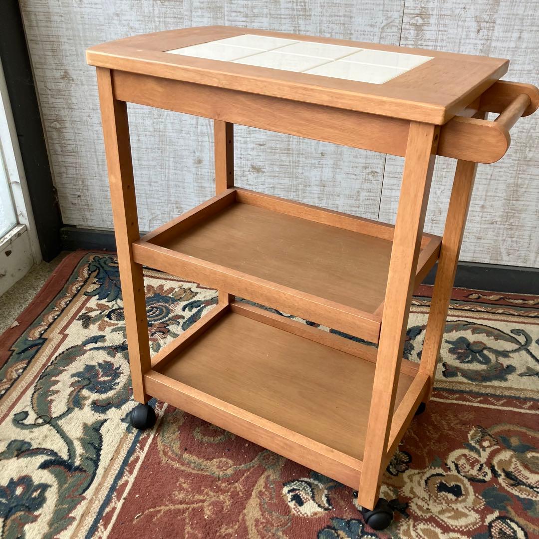 昭和レトロ タイル張り 木製キッチンワゴン キャスター付き キッチンカート