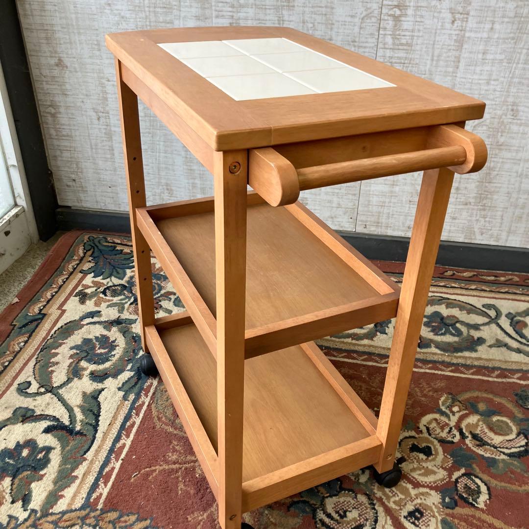 昭和レトロ タイル張り 木製キッチンワゴン キャスター付き キッチンカート