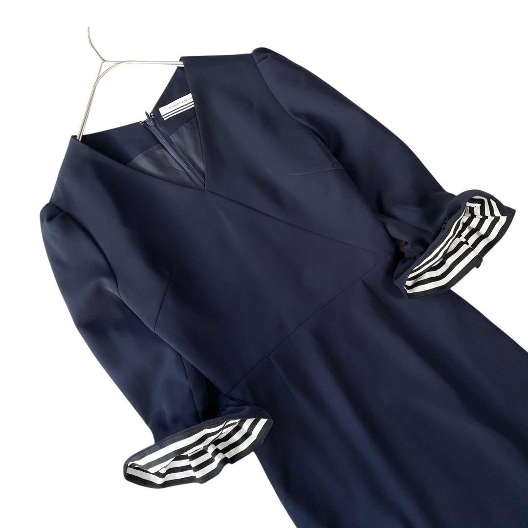 【定価5万】ボーダーズアットバルコニー ワンピース フリル Vネック 洗える 紺