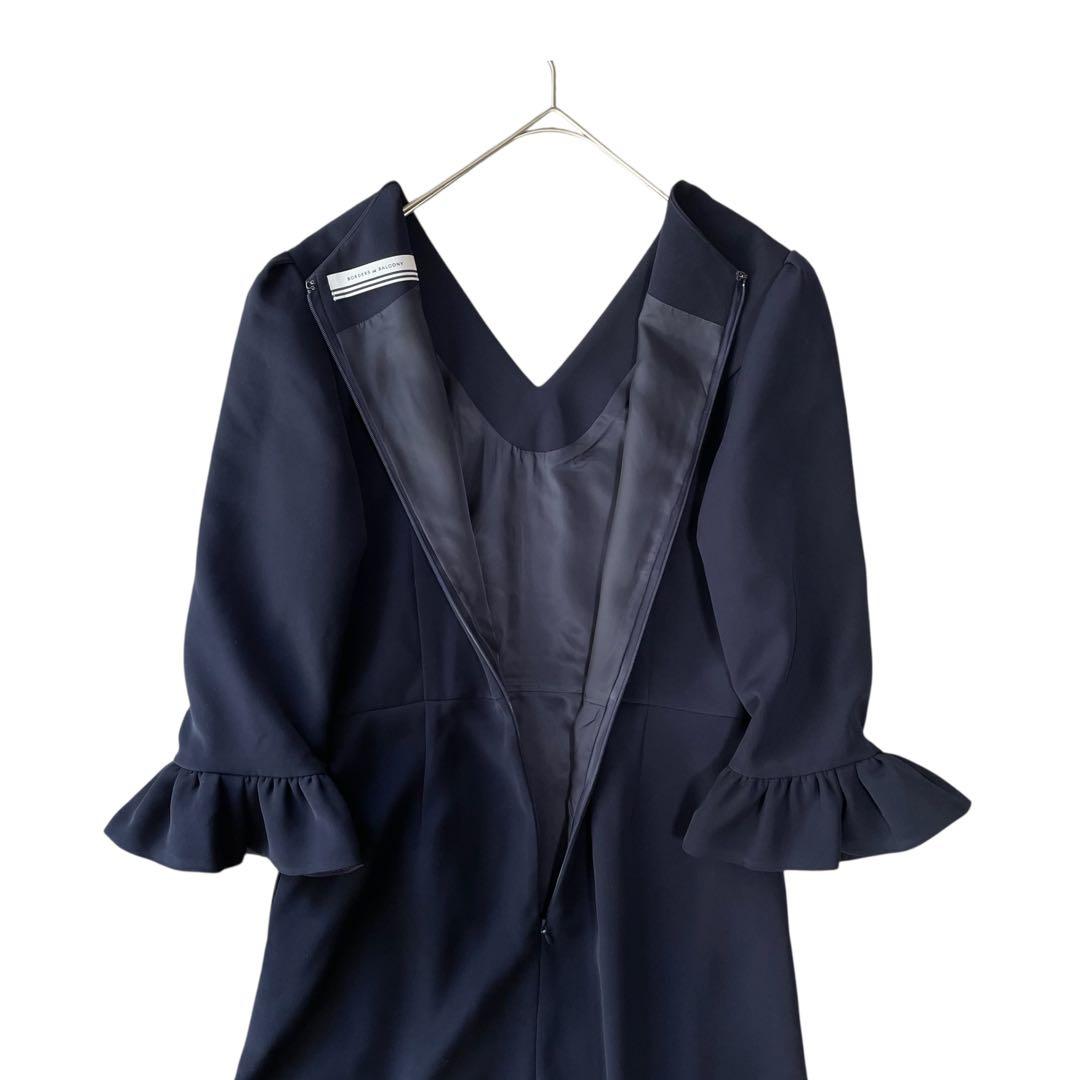 【定価5万】ボーダーズアットバルコニー ワンピース フリル Vネック 洗える 紺