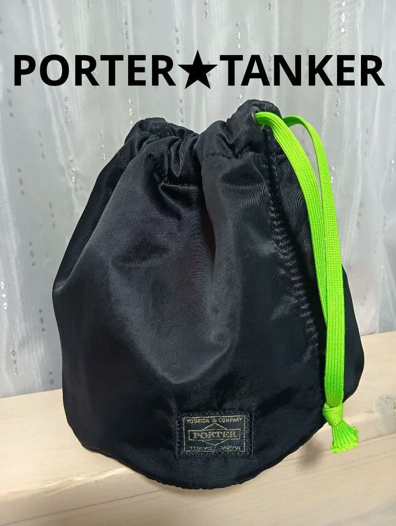PORTER★TANKER★巾着バッグ★巾着ポーチ★ブラック☓ライムグリーン良品