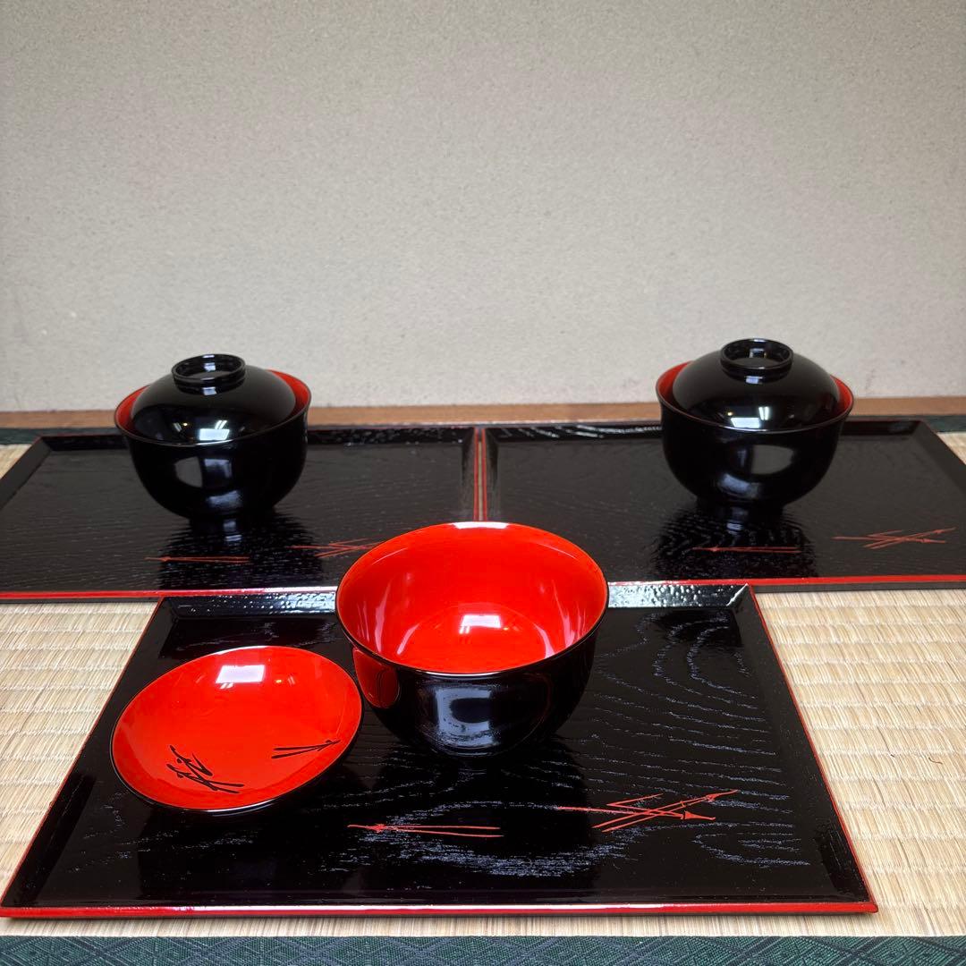 輪島塗　お汁粉椀　お膳　5客組　折れ松葉文　汁物椀　未使用品