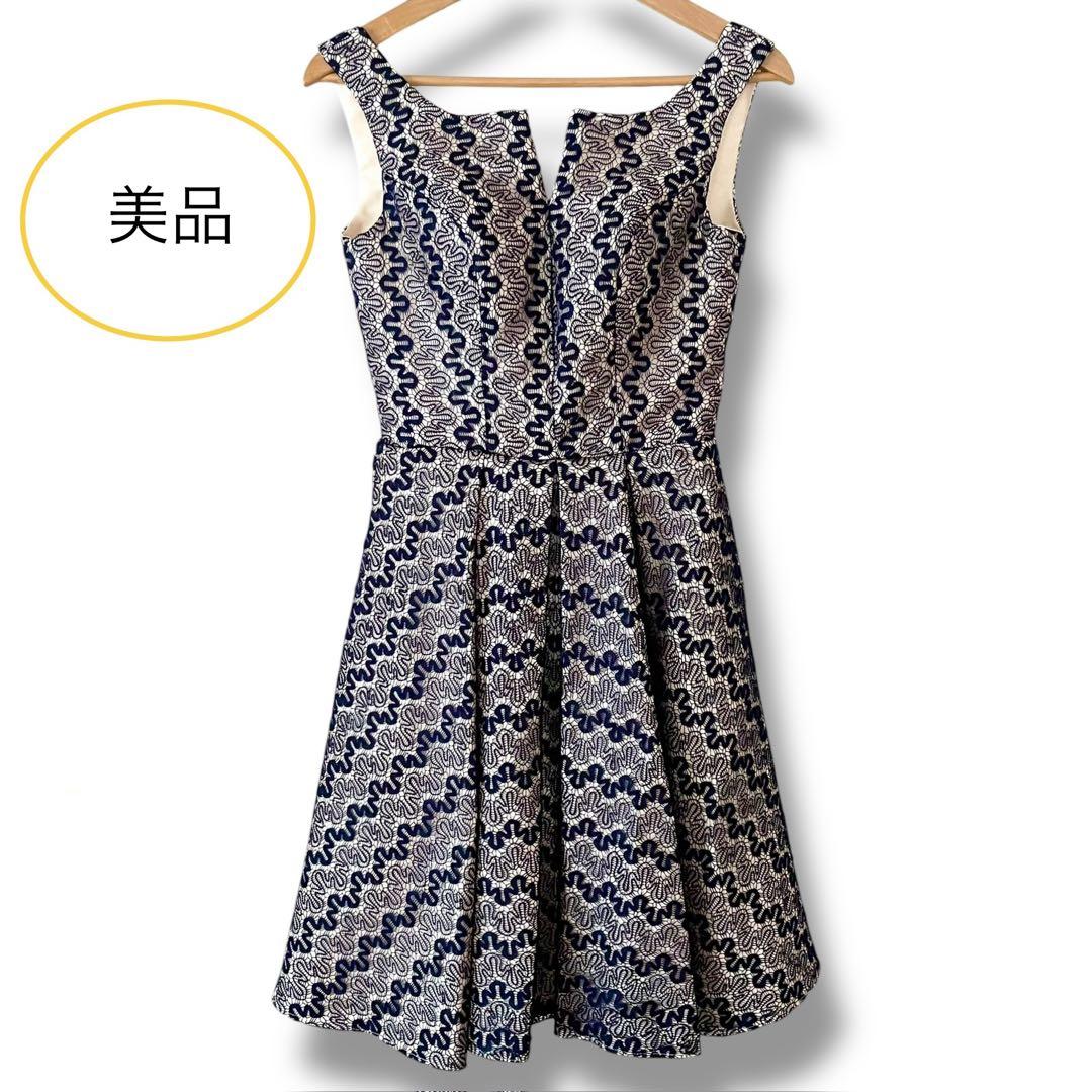 美品 インポート パーティードレス レース ひざ丈 フレア ワンピース ネイビー