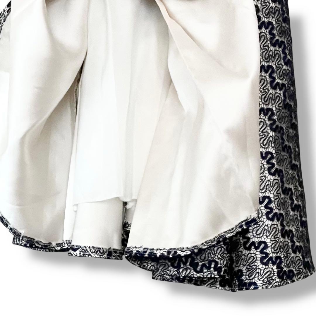 美品 インポート パーティードレス レース ひざ丈 フレア ワンピース ネイビー