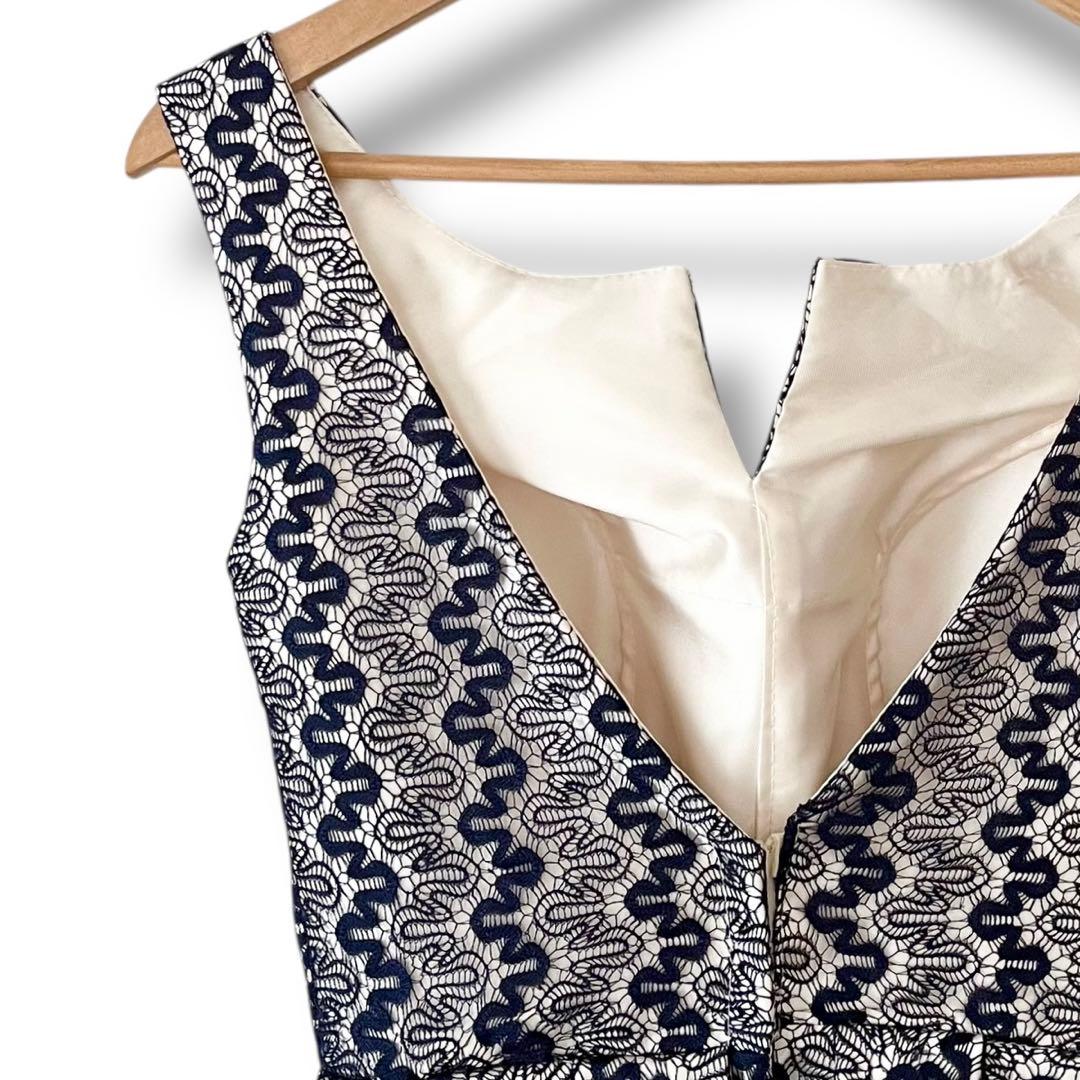 美品 インポート パーティードレス レース ひざ丈 フレア ワンピース ネイビー