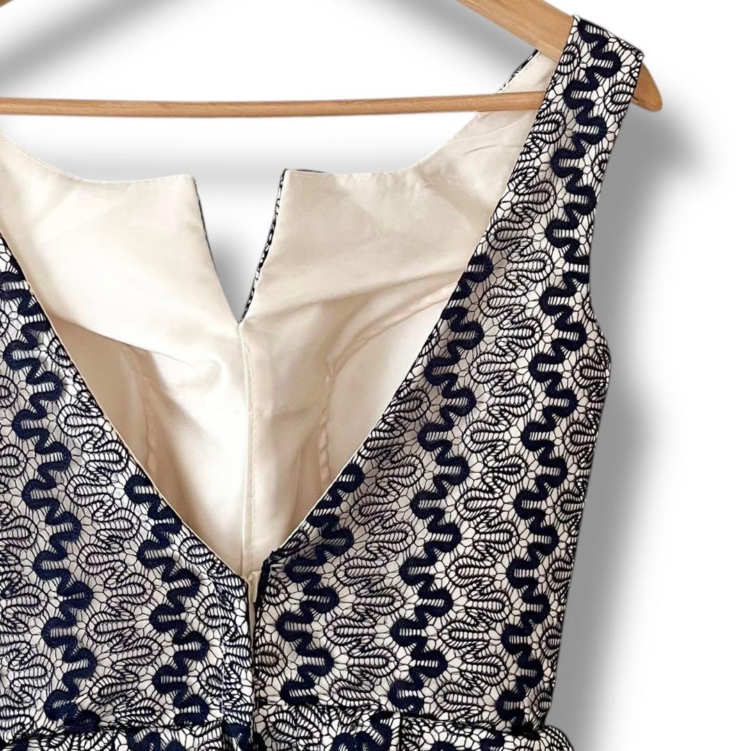 美品 インポート パーティードレス レース ひざ丈 フレア ワンピース ネイビー