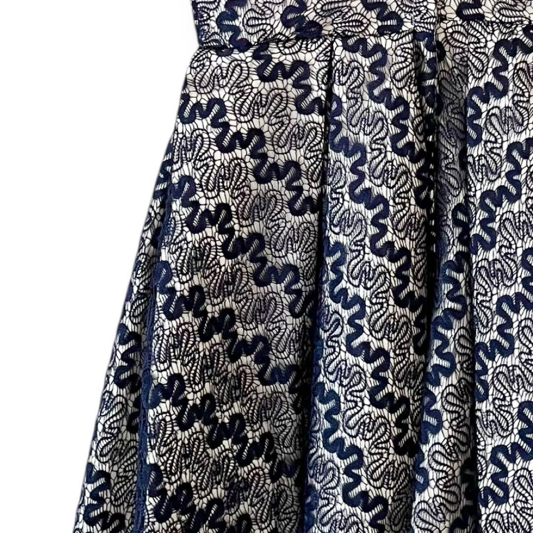美品 インポート パーティードレス レース ひざ丈 フレア ワンピース ネイビー