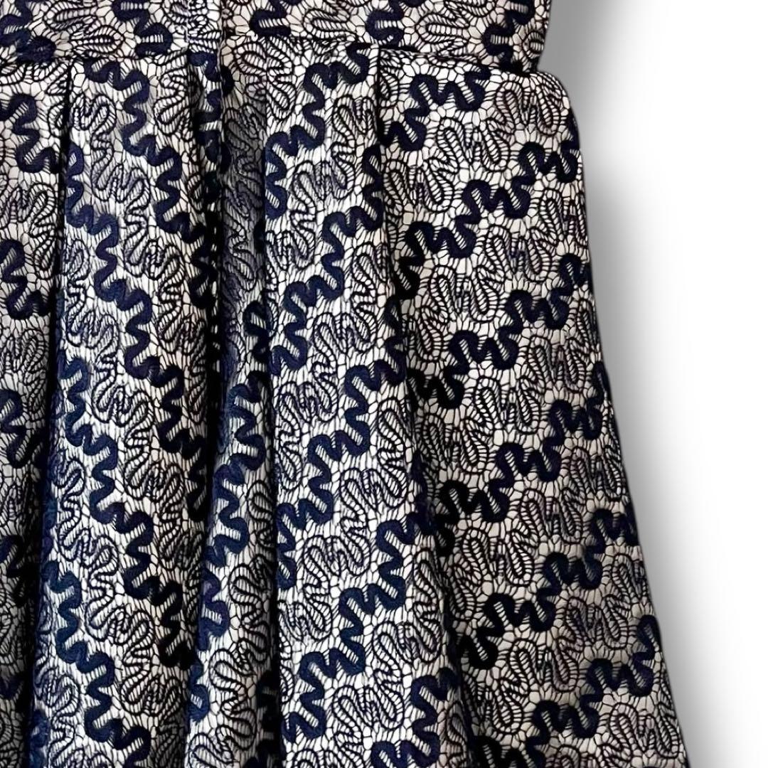 美品 インポート パーティードレス レース ひざ丈 フレア ワンピース ネイビー