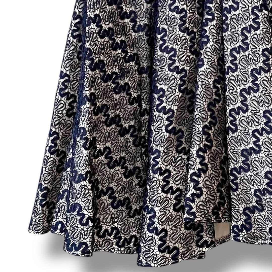 美品 インポート パーティードレス レース ひざ丈 フレア ワンピース ネイビー