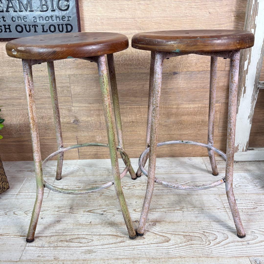 アンティークビンテージアイアンスツールパイプスツール二脚セット椅子花台飾台