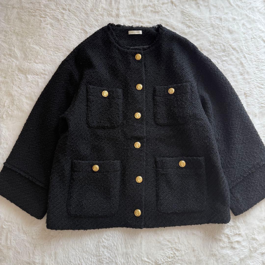 ラウンジドレス ノーカラー ツイードジャケット 金ボタン オーバーサイズ 黒