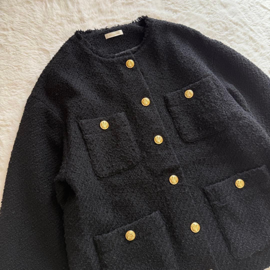 ラウンジドレス ノーカラー ツイードジャケット 金ボタン オーバーサイズ 黒