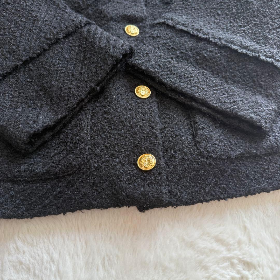 ラウンジドレス ノーカラー ツイードジャケット 金ボタン オーバーサイズ 黒