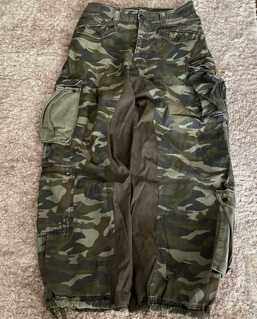カーゴパンツ　リメイク　迷彩　カーキ　ドッキング