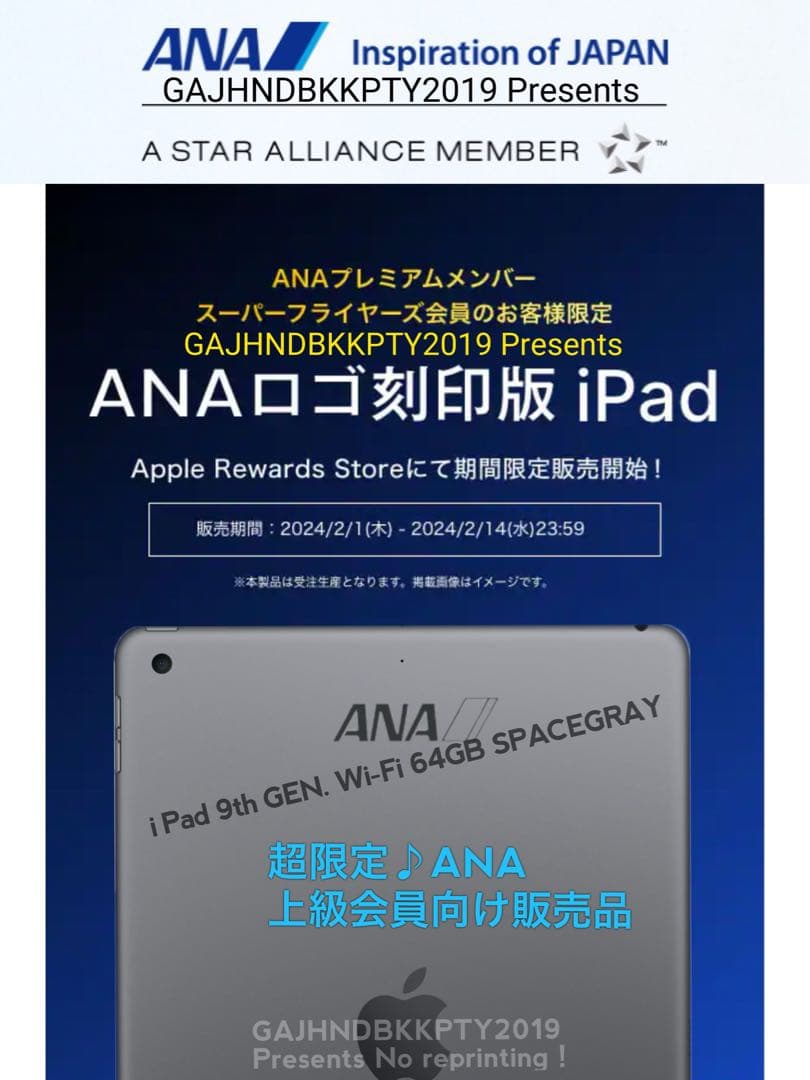 ANAプレミアムメンバー限定 ロゴ刻印 iPad第９世代 Wi-Fi 64GB