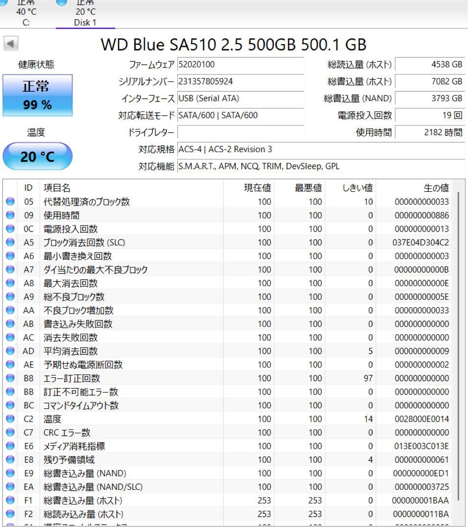 【中古】500GB/SSD/SA510/WD Blue/スマート情報有り