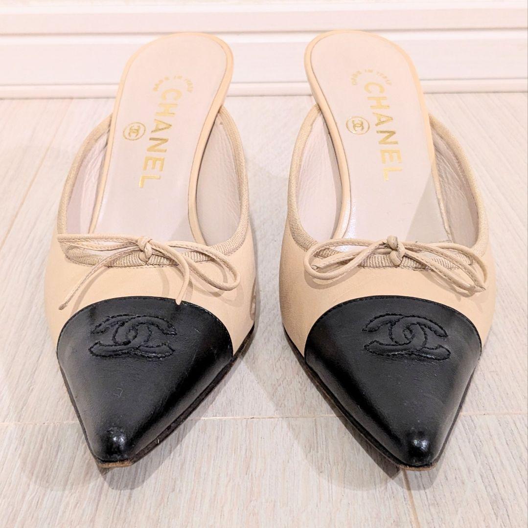 CHANEL　シャネル　バイカラー　ミュール　ココマーク　ポインテッドトゥ　36