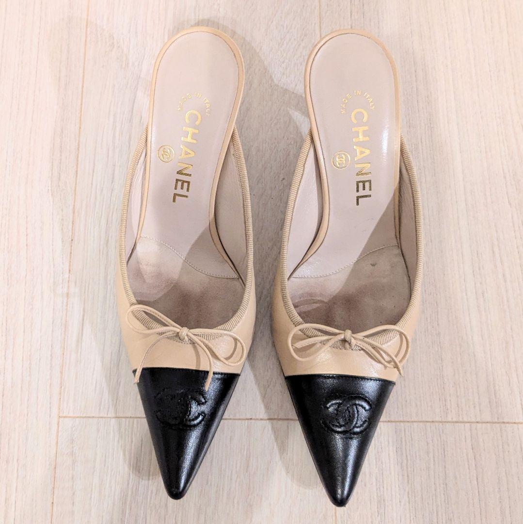 CHANEL　シャネル　バイカラー　ミュール　ココマーク　ポインテッドトゥ　36
