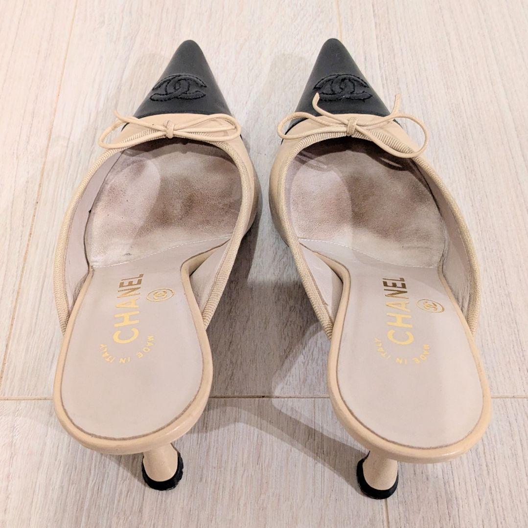 CHANEL　シャネル　バイカラー　ミュール　ココマーク　ポインテッドトゥ　36