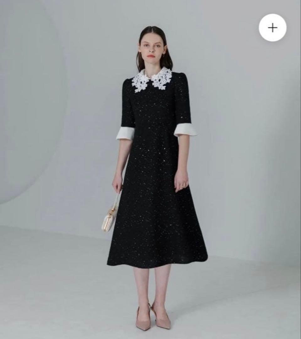 【LEJA】花柄レースカラースパンコールAラインワンピースドレス ブラックS