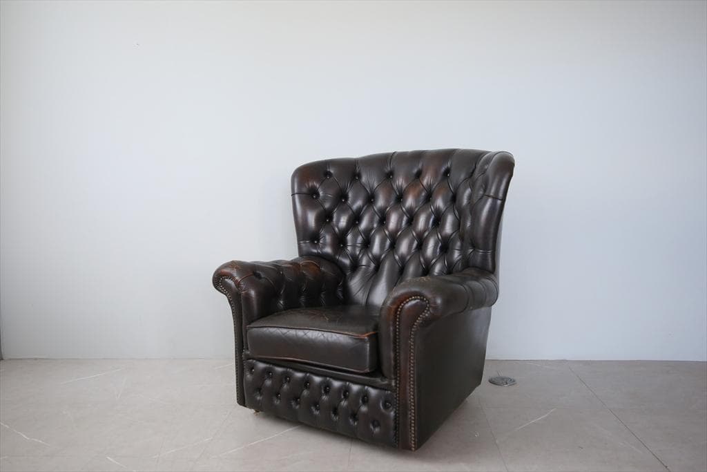 英国アンティークチェスターフィールドアームチェア/本革レザーソファー89-187