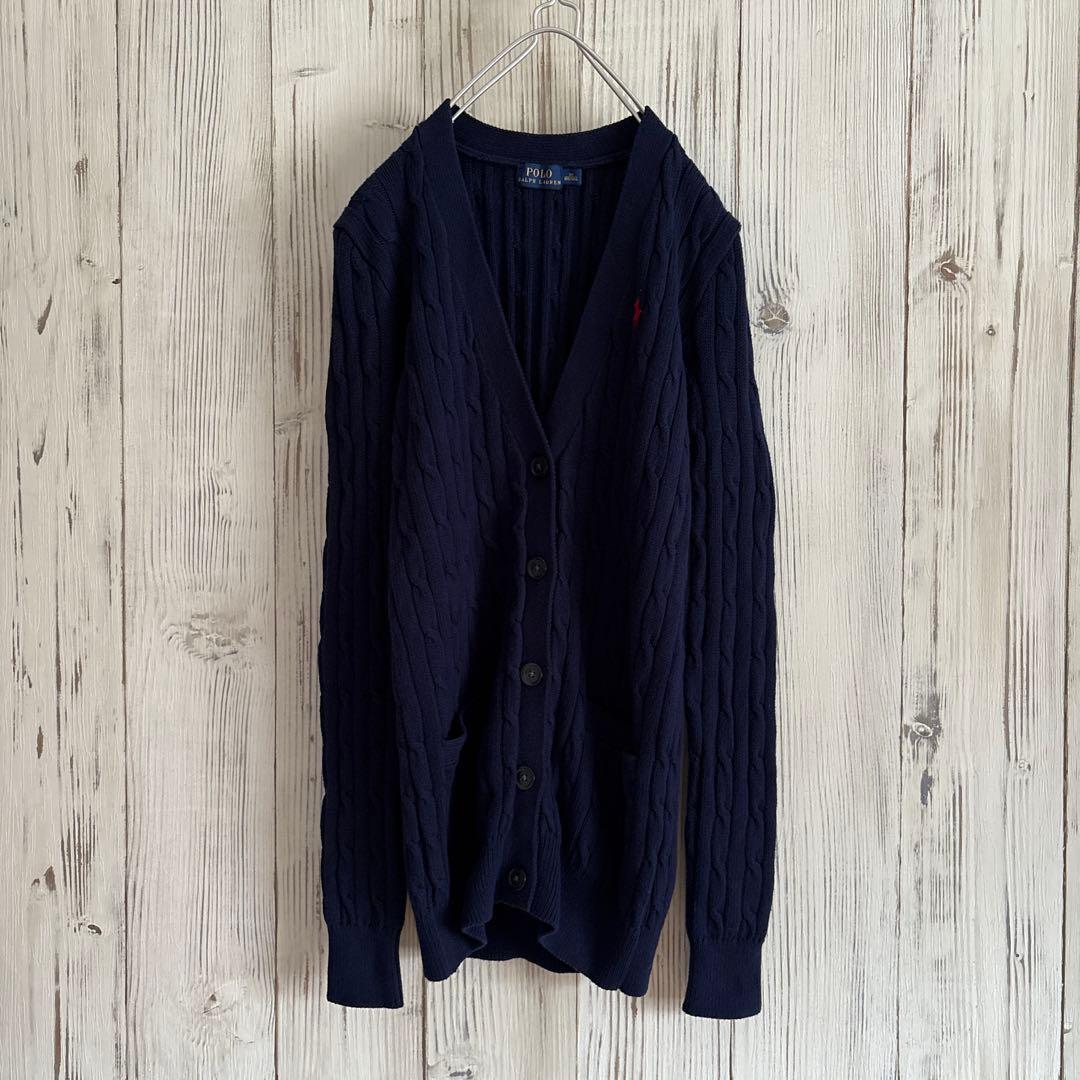 未使用に近い　ラルフローレン　ケーブルニット　コットンVカーディガン　刺繍ロゴ