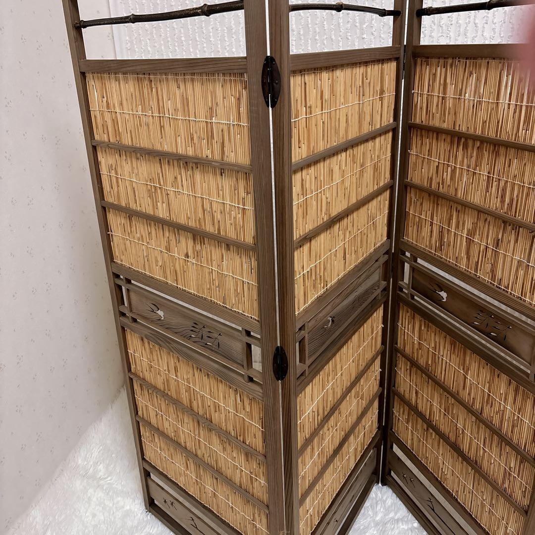 昭和レトロ 竹簾 屏風 衝立 4連 パーテーション 目隠し 四つ折り 透かし彫り