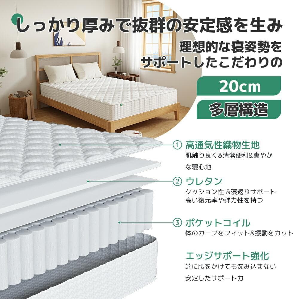 マットレス シングル　極厚20cm ポケットコイル　硬さ180N