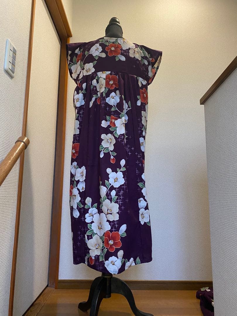 浴衣リメイク　紅白椿　ワンピース＋ガウチョパンツ