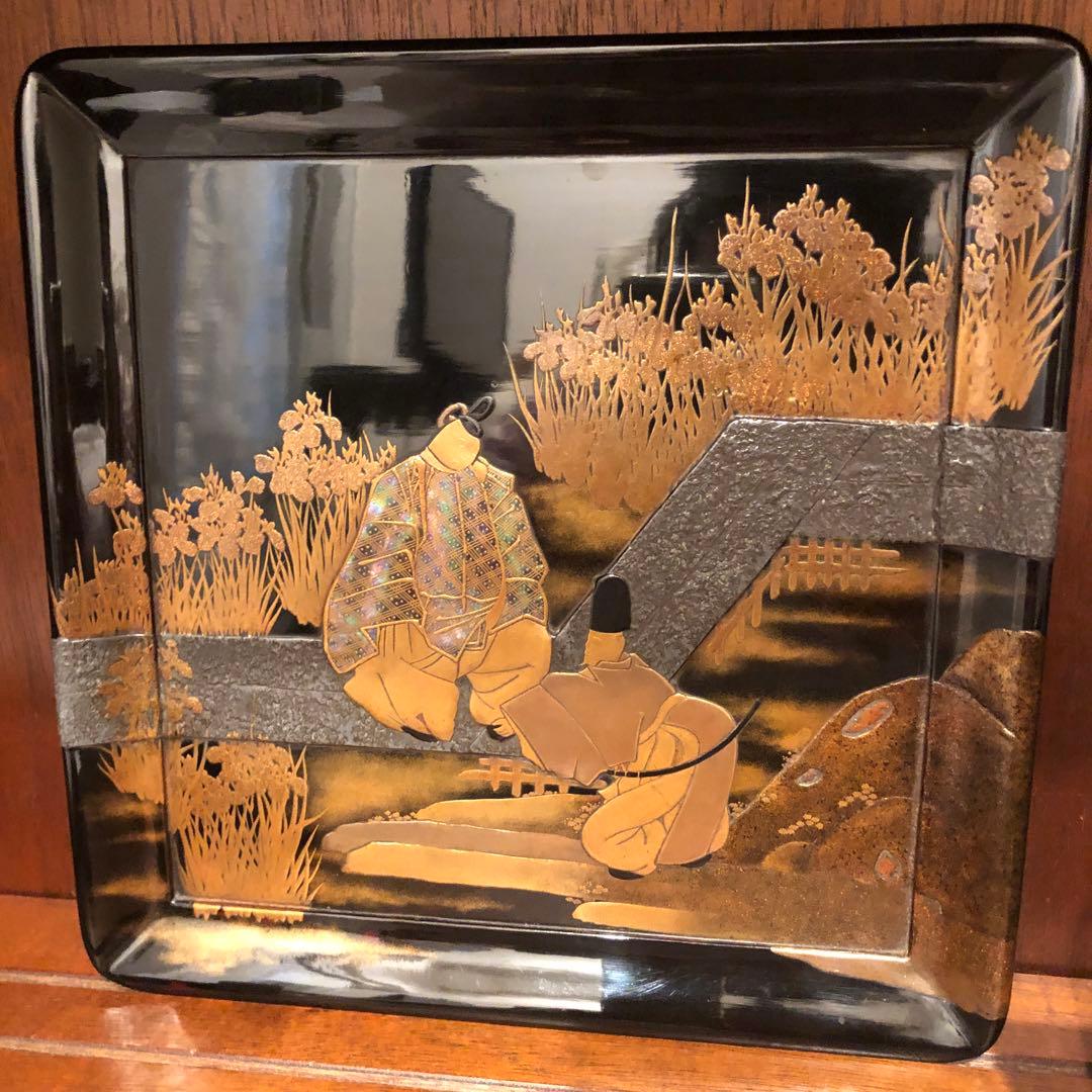 木製角盆 時代品　高蒔絵　八橋図盆 木箱付き　25.8センチ　高さ1.5センチ