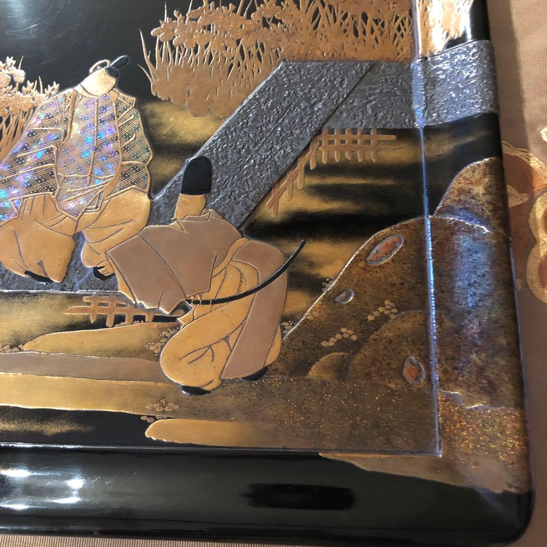 木製角盆 時代品　高蒔絵　八橋図盆 木箱付き　25.8センチ　高さ1.5センチ