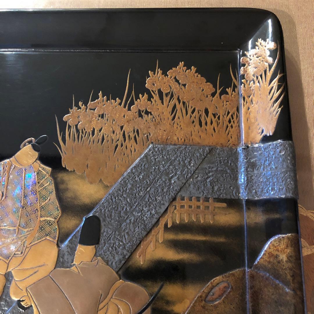 木製角盆 時代品　高蒔絵　八橋図盆 木箱付き　25.8センチ　高さ1.5センチ