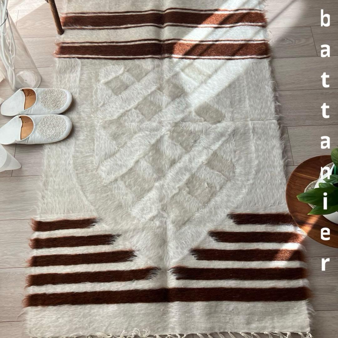 新品wool100％　オフホワイトチョコ　バッターニエ　トルコヴィンテージラグ