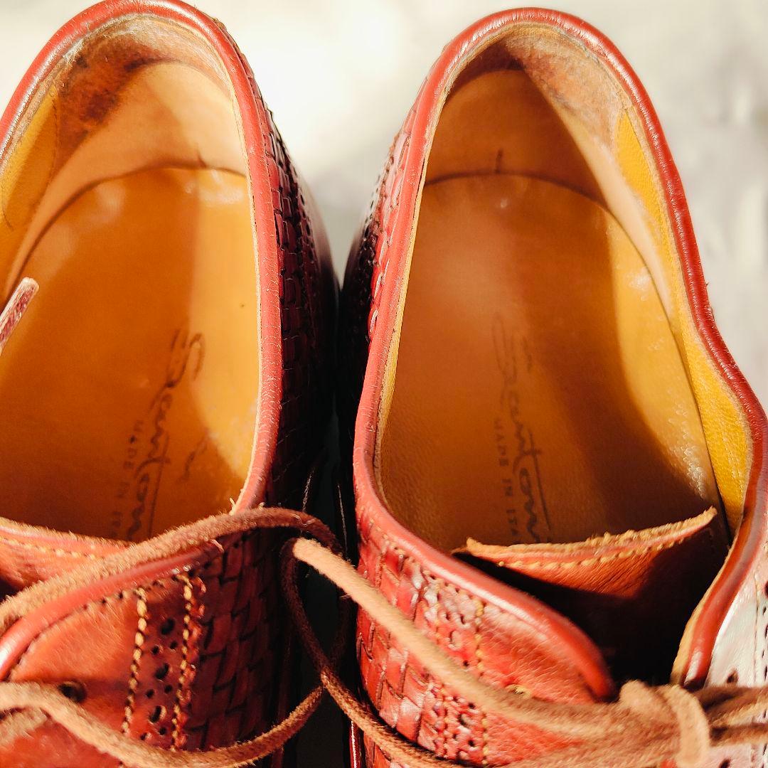 【美品】Santoni イタリア製 正規品　編込み×バーガンディ 紳士高級革靴