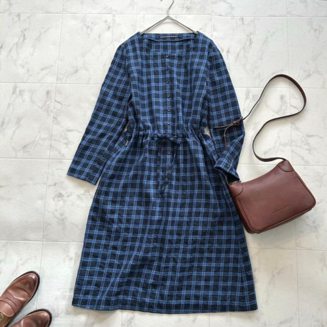 マドモアゼルノンノン♡ウール100% チェック シャツワンピース 日本製 青