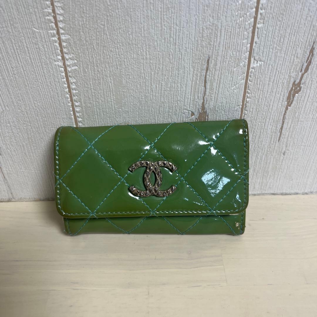 CHANEL グリーン キルティング長財布　キーケース付