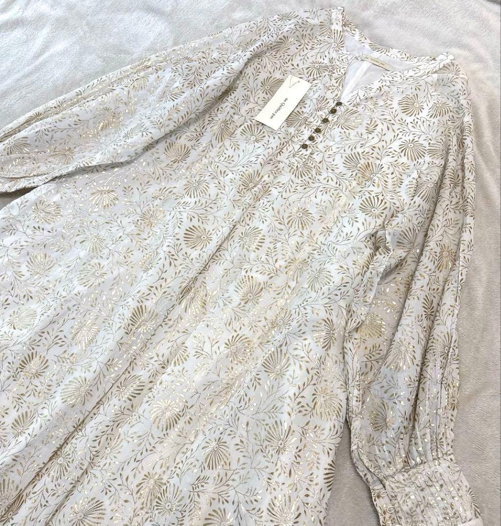 【新品タグ付】ヌキテパ ゴールド箔プリント コットンボイル ワンピース M 白