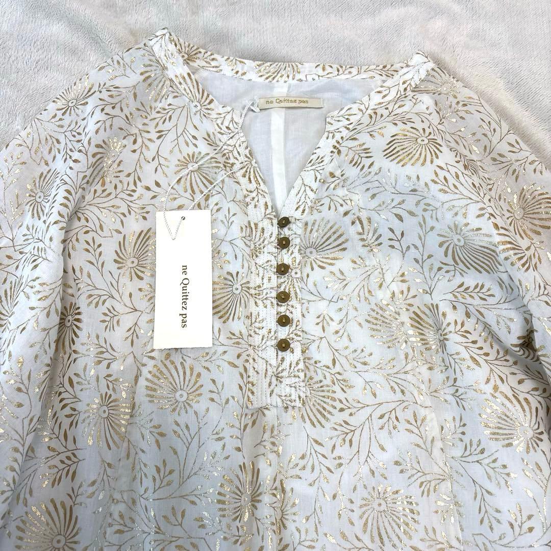 【新品タグ付】ヌキテパ ゴールド箔プリント コットンボイル ワンピース M 白