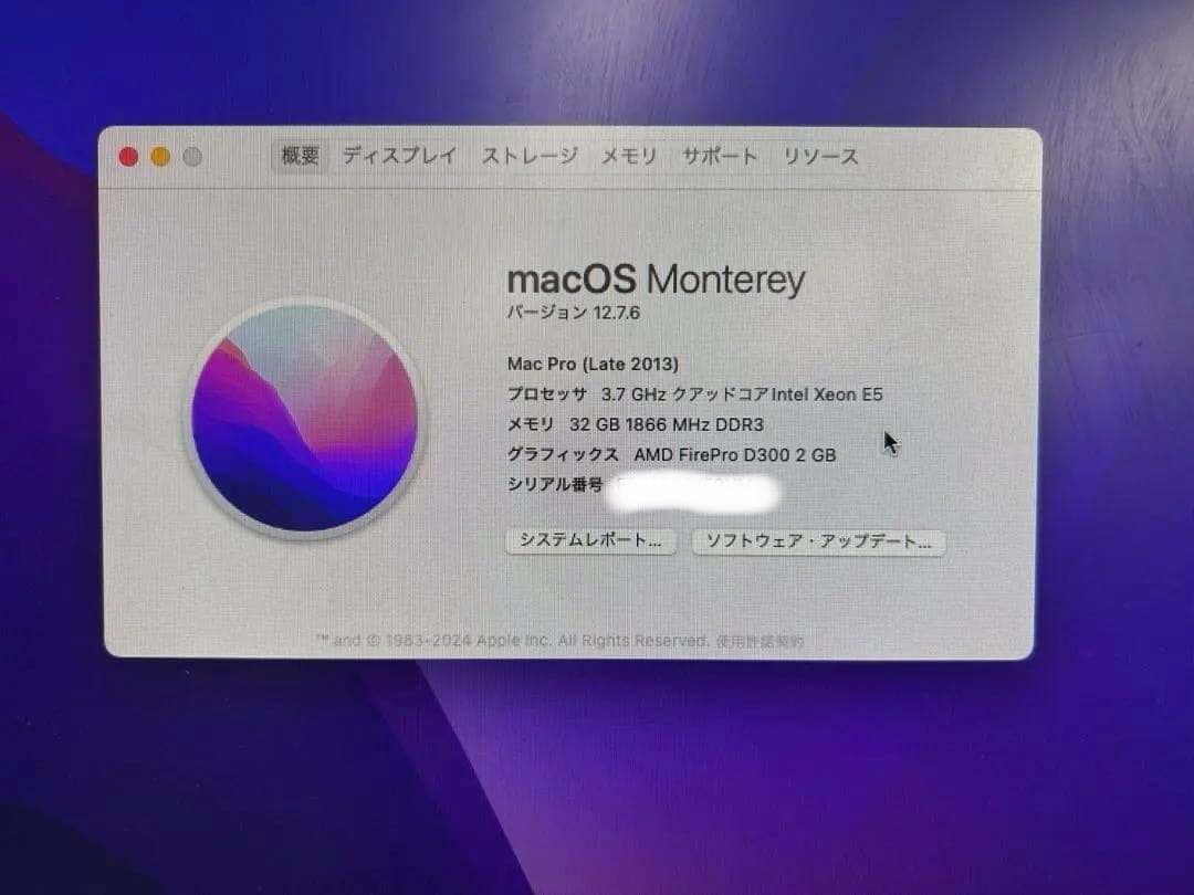 MacPro2013 / 4コア / 32GB / 250GB/ D300