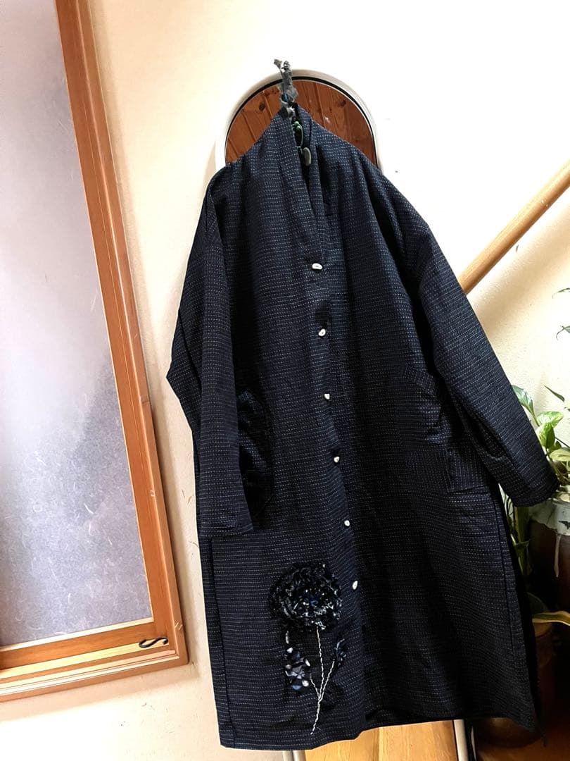 着物リメイク　久留米絣反物　ワンピース　チュニック　コート　花飾り　ハンドメイド