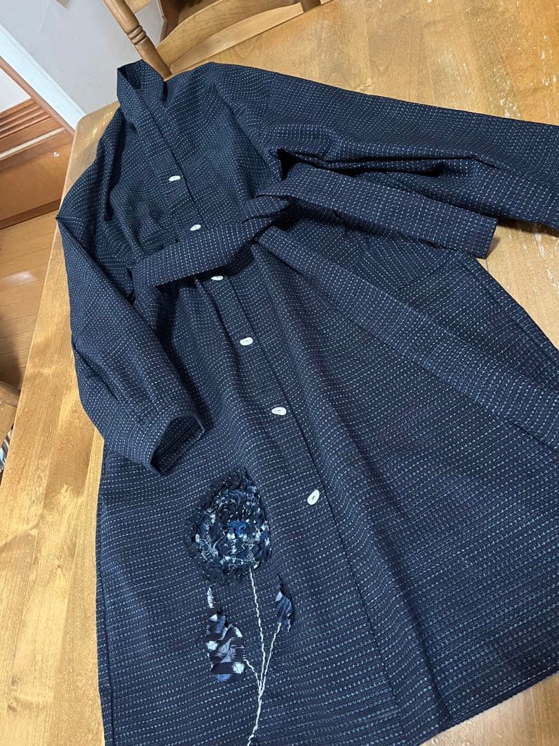 着物リメイク　久留米絣反物　ワンピース　チュニック　コート　花飾り　ハンドメイド