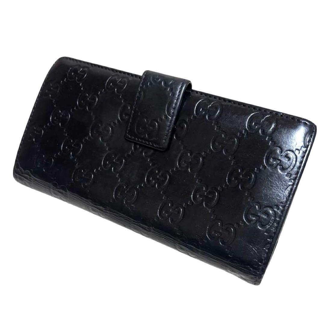 人気　グッチ　長財布　GGシマ　レザー　ブラック　GG柄　Wホック　ロゴプレート