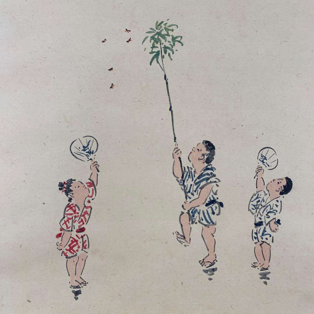 美品 掛け軸 玉瀧寺 戸上明道作 蛍狩り画賛「涼風消炎煥」共箱 おもてなし