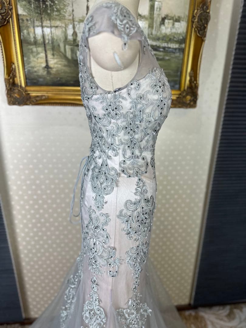 シルバー ベージュビーズ刺繍 フィット＆フレアドレス