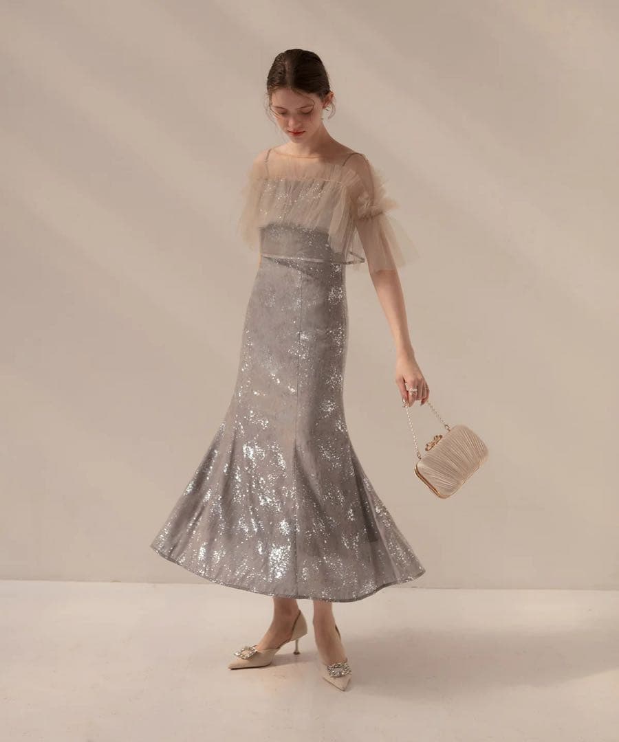 Leja チュールフリルボレロペイントマーメイドドレス グレー　S