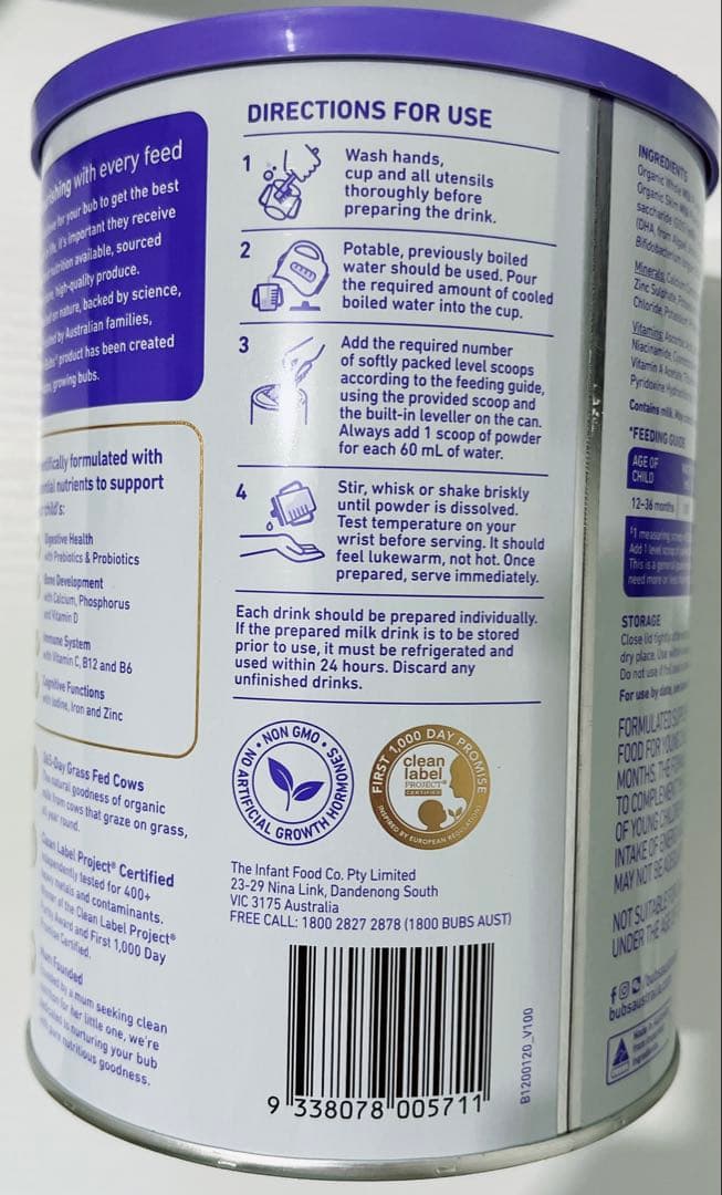 Bubs Organic grass fed ３、800g、12-36ヵ月、3缶