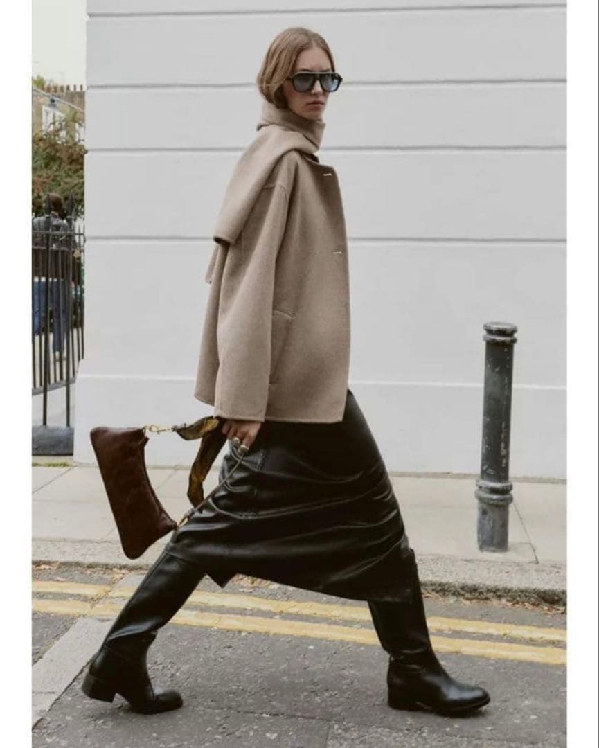 ZARA ウール ショートスカーフ コート M ミンク 完売品